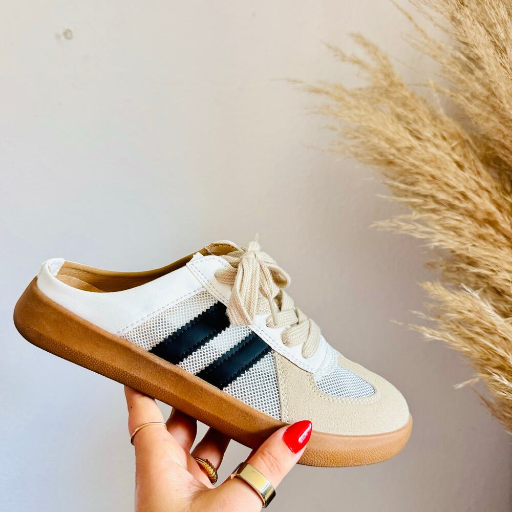 TIKTOK Beige White Black Stripe Lace Up Slip On Backless Slides Sneakers Shoes 8